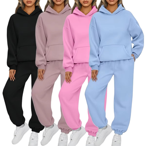 Women Casual <b>Tracksuit</b> Solid Color Hooded Sweatshirt Pants Set Loose Fit Full Sleeve Autumn Wear Breathable Cotton Material - Product Image 1