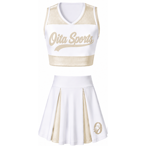 Ensemble d'uniformes de cheerleading sublimés blancs et beiges sans manches – Haut et jupe athlétiques pour équipe – Tenue de sport pour performance, entraînement et compétition - Product Image 1