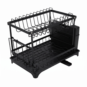 Égouttoir à vaisselle à 2 niveaux avec support à couteaux, plateau de drainage et porte-gobelets, capacité de 11 assiettes et 18 bols, structure en acier noir - Product Image 2