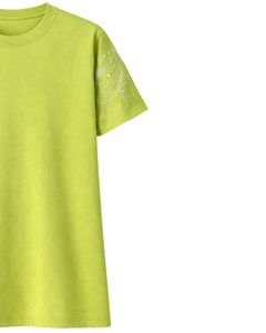 T-shirt en coton vert pour femme avec manches ornées de strass, col rond, manches courtes, style décontracté, haut tendance pour femme, personnalisable, vente en gros OEM - Product Image 2