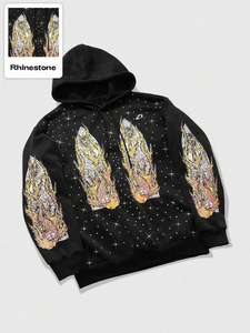 Heavy Cotton Fleece Hoodies <b>for</b> <b>Men</b> <b>Pullover</b> Rhinestone Sparkle Flame Graphic Streetwear Custom Branding Bulk Supply - Product Image 6