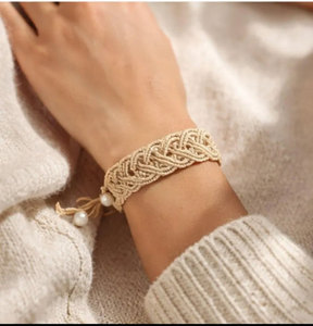 Ensemble de boucles d'oreilles et de bracelet en macramé fait main, perles, cordon beige, style bohème, réglable, bijoux en perles naturelles pour femmes - Product Image 3