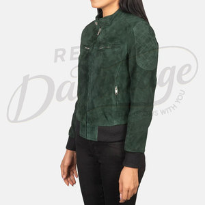 <b>Women</b> Dark Green Genuine <b>Suede</b> Leather Bomber <b>Jacket</b> Slim Fit Premium Goat <b>Suede</b> Casual Winter Outerwear Fashionable Coat - Product Image 4