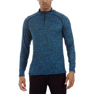 Men's <b>Blue</b> Marled Quarter Zip <b>Long</b> <b>Sleeve</b> Knitted Pullover Slim Fit Quick Dry Sporty <b>Top</b> - Product Image 1