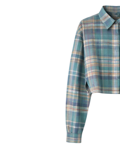 Chemisier court personnalisé pour femme à carreaux vert-bleu, col rabattu, manches longues, boutonné, style décontracté, fabricant et fournisseur OEM - Product Image 3