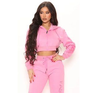 Ensemble de survêtement en molleton rose pour femmes, deux pièces, manches longues, taille haute, capuche, fermeture éclair sur le devant, vêtements décontractés de rue, toutes saisons - Product Image 5
