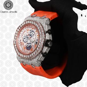 Charm Jewells Reloj de lujo de acero inoxidable con banda naranja y detalles de diamantes, cronógrafo analógico mecánico, moda unisex, caja de 43 mm 10 - Product Image 5