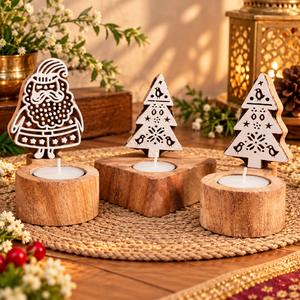 Trendy Santa Claus & Christmas <b>Tree</b> Wooden Tea <b>Light</b> Candle Holders, Hand Carved Christmas Decor for Home, Party & Festive Gifts - Product Image 2