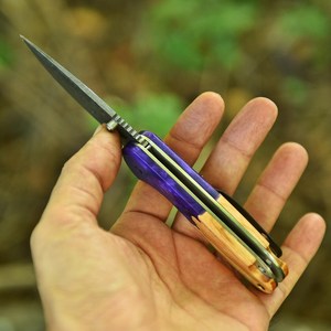 Custom Industrial Grade Damascus Steel Folding <b>Knife</b> Olive Wood Purple Resin Handle Clip Point 7.5 Inches EDC Pocket <b>Knife</b> - Product Image 5