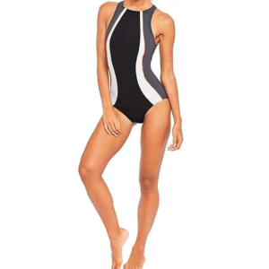 Maillot de bain une pièce pour femmes, color block, col haut, bordure contrastée, extensible, vêtements de plage - Product Image 4