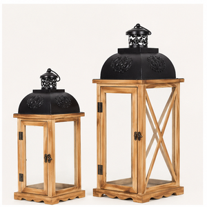 Set of 2 <b>Large</b> Farmhouse Wooden Metal Candle <b>Lanterns</b> Rustic Decorative Floor <b>Lanterns</b> for Indoor Outdoor Home Decor Low Price - Product Image 6
