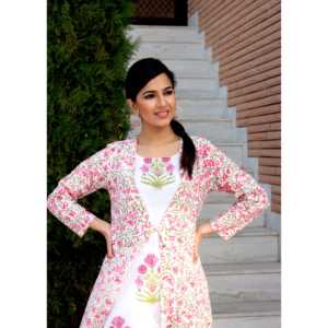 Conjunto de Kurta para Mujer en Rosa Poppy, Talla XS, Transpirable, de Algodón y Fibra de Bambú, con Chaqueta de Manga Tres Cuartos - Product Image 3