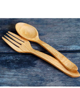 Ensemble cuillère et fourchette en bois, finition mate, réutilisable, design minimaliste, pour le camping et l'hôtellerie - Product Image 1