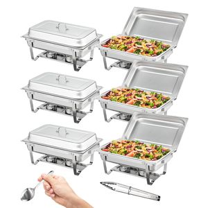 8 Qt Stainless Steel Chafer Set 6-Piece <b>Buffet</b> Warmer <b>Server</b> Full Size Pans Rectangle Lid 6 Pack Warming Holding Equipment - Product Image 1