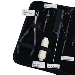 Black Hair Extension <b>tools</b> Stylist Kit 7-Inch Flat Crimping Plier Hair Loop Tail Comb Curved Needles Wig <b>Thread</b> <b>Thread</b> Scissor - Product Image 3