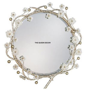 Miroirs muraux décoratifs en métal avec cadre rond, motif feuille, couleur or et blanc, très demandés pour la maison et le salon - Product Image 1