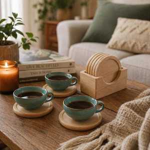 Hand Crafted Acacia Wood Coasters Set, Japanese Style <b>Round</b> Drink <b>Mats</b>, Minimalist <b>Table</b> Decor - Product Image 2