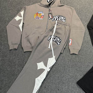 New Breathable Cotton/French Terry Flared Screen printed Applique Embroidery <b>Top</b> Notch Quality Street wear Tracksuit For Men - Product Image 2