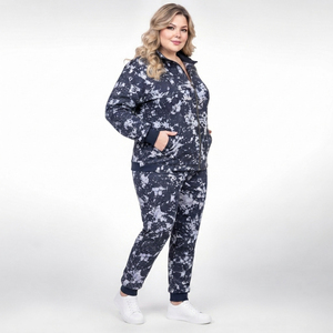 Ensemble de survêtement imprimé grande taille pour femme, 100 % coton molletonné, veste à col montant et pantalon décontracté, tenue d'hiver - Product Image 4