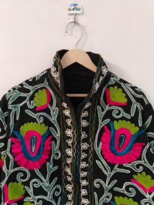 Veste en coton brodée de style chinois, col mandarin, manches trois quarts, motif floral, veste courte d'automne pour adultes - Product Image 3