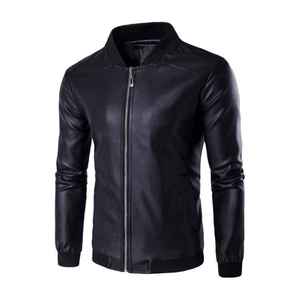 Blouson Bomber Homme en Cuir PU, Col Montant, Fermeture Éclair, Manches Classiques, Couleur Unie, Vêtement d'Extérieur Automne, Coupe Ajustée, en Cuir de Chèvre Véritable - Product Image 1