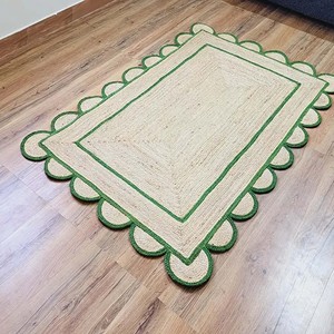 Rectangular Jute Area Rug Green Scalloped Border Handmade Natural Woven Boho Farmhouse Living Room Bedroom Floor Carpet - Product Image 2