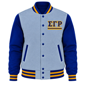 Womens Light <b>Grey</b> Varsity Bomber <b>Jacket</b> Blue Sleeves Greek Letter Embroidery Gold Stripe Accent Snap Button Ribbed Collar Cuffs - Product Image 1