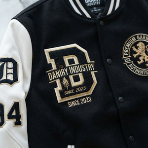 <b>Men's</b> Varsity <b>Jacket</b> Black <b>Cream</b> Sleeves Embroidered Logo Preppy Style - Product Image 3