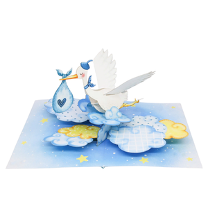 Carte de vœux 3D personnalisée pour bébé, thème grue bleue, avec enveloppe, carte de vœux artisanale pour bébé, pour félicitations - Product Image 1