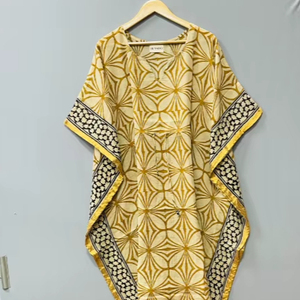 Bagru Print Green Cotton Handmade Natural Waist <b>Kaftan</b> Women Comfortable Casual Floor-Length <b>Maxi</b> Dress Parties Sleepwear Summer - Product Image 1