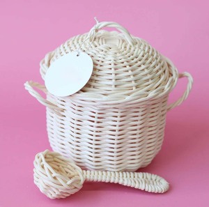 Juguetes de cocina de mimbre y madera para preescolares, juego de olla y cucharón de juguete para juego de simulación natural. - Product Image 1