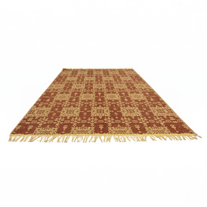 Tapis en laine à motifs géométriques orange rouille et moutarde, style folk moderne, avec franges, écologique, antidérapant, tufté à la main - Product Image 2