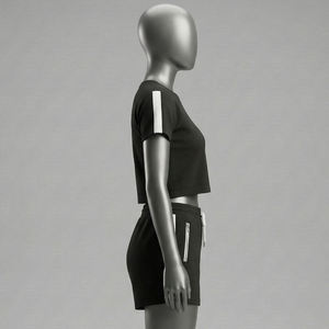 Ensemble de sport décontracté pour femme, col montant uni, longueur standard, t-shirt et short de jogging, 100 % coton molletonné respirant - Product Image 5