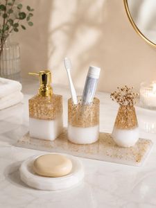 Factory Price Luxury Resin Four-piece Classic Easy Clean <b>Bathroom</b> <b>Accessories</b> <b>Set</b> Gold Foil Soap Dispenser Toothbrush Holder - Product Image 2