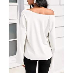 Fisoew Womens off Shoulder Knitted 100% Cotton Sweatshirt <b>Long</b> <b>Sleeve</b> Oversized Loose Fit <b>Tunic</b> <b>Top</b> White - Product Image 1