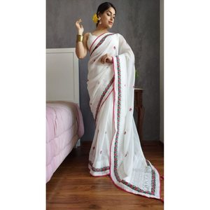 FANTAISIE GEORGETTE BRODERIE BUTTA TRAVAIL SAREE AVEC CHEMISIER NON COUDU BLANC - Product Image 1