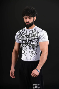 T-shirt de compression blanc à manches courtes pour homme, motif toile d'araignée 3D noir sur le devant, col rond, séchage rapide, coupe régulière, style urbain, tricoté - Product Image 3