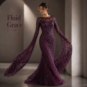 Robe de soirée sirène moderne de luxe en perles bordeaux |   Robe longue à manches courtes, dos nu, ornée, avec traîne |   OEM en gros - Product Image 6