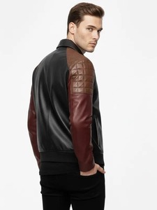 เสื้อแจ็คเก็ตหนังบอมเบอร์สีดำแบบคัลเลอร์บล็อกสำหรับผู้ชาย - Product Image 2