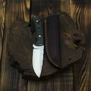 Couteau de chasse à lame fixe en acier inoxydable, lame à pointe tombante, manche en micarta avec étui en cuir - Product Image 3