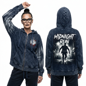 Sudadera con capucha y cremallera azul medianoche personalizada con lavado ácido para mujer, estampado gráfico de cronómetro, estilo urbano desgastado, fabricante de sudaderas de forro polar - Product Image 1