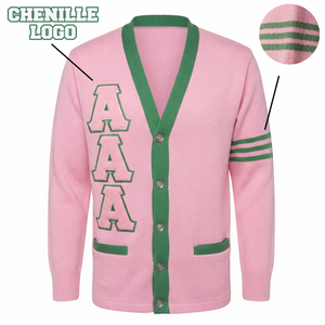 Suéter Cárdigan Personalizado AKA, Color Rosa Verde Invernal, Cuello en V, Tejido Acrílico, Chenilla, Letras Griegas Bordadas, Logotipo, Cierre de Botones, Estilo Preppy - Product Image 1