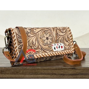 Nouvelle Pochette à Main Trifold en Cuir Véritable Fait Main Personnalisée avec Motifs Floraux, Grande Capacité, Portefeuille Bandoulière pour Femme - Product Image 1