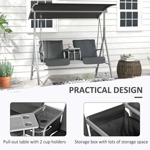 Dondolo da Esterno a 2 Posti Grigio con Tettuccio e Tavolino, Sedia a Dondolo per Giardino, Bordo Piscina o Cortile - Product Image 5