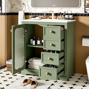 Mobile da Bagno da 30 Pollici con Ante a Chiusura Morbida, Ripiani Regolabili e 3 Cassetti - Product Image 1