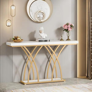 Console élégante avec plateau en marbre blanc et structure en métal doré en forme de V géométrique, disponible à prix de gros. - Product Image 3
