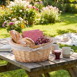 Panier de pique-nique en osier avec doublure en tissu amovible, panier de rangement ovale en saule avec poignées, panier à fruits et à pain de style campagnard - Product Image 4