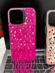 Étui de téléphone artisanal Ziyan fait main avec perles pour Apple iPhone 6 pouces, motif floral violet crème, longue sangle à pompon, antichoc - Product Image 5