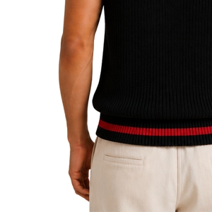 Gilet pull en maille pour homme, noir et rouge à rayures contrastées, col en V, sans manches, décontracté, léger, personnalisable avec logo, fabrication OEM - Product Image 5