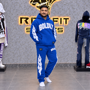 Survêtement bleu pour homme avec appliqué, sweat à capuche personnalisé avec lettres, pantalon de jogging en molleton de coton épais avec strass, étiquette personnalisée OEM - Product Image 3